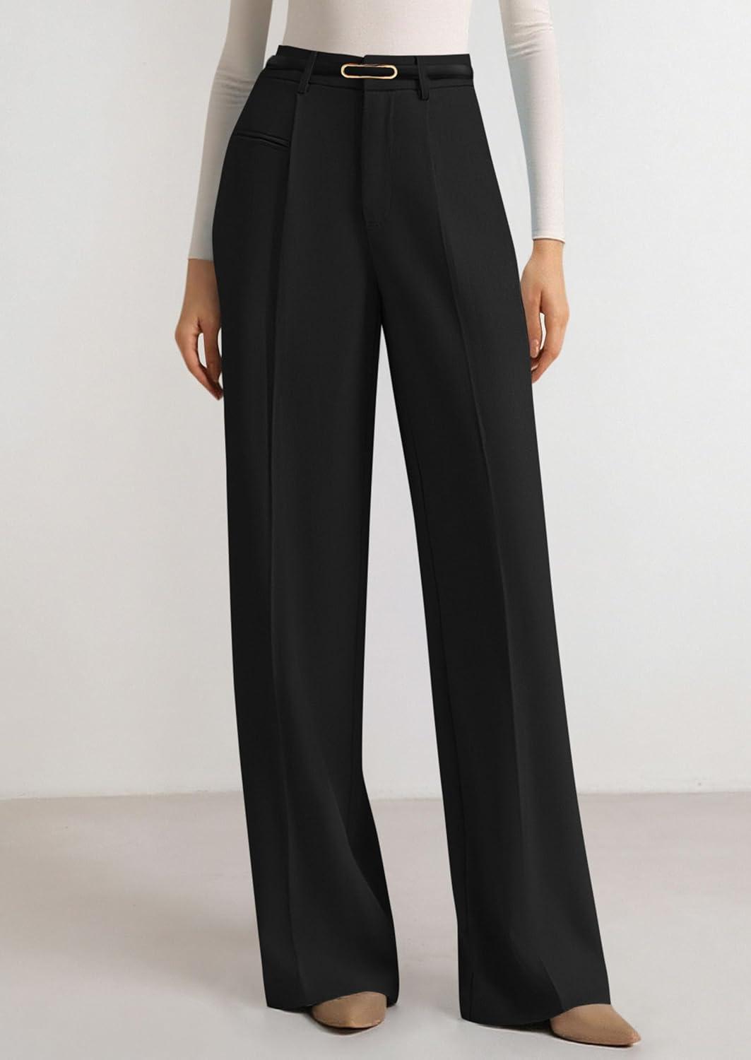 imagePRETTYGARDEN Womens Wide Leg Dress Pants 2025 Business Casual Flowy Work Palazzo Pants High Waisted Slacks TrousersBlack