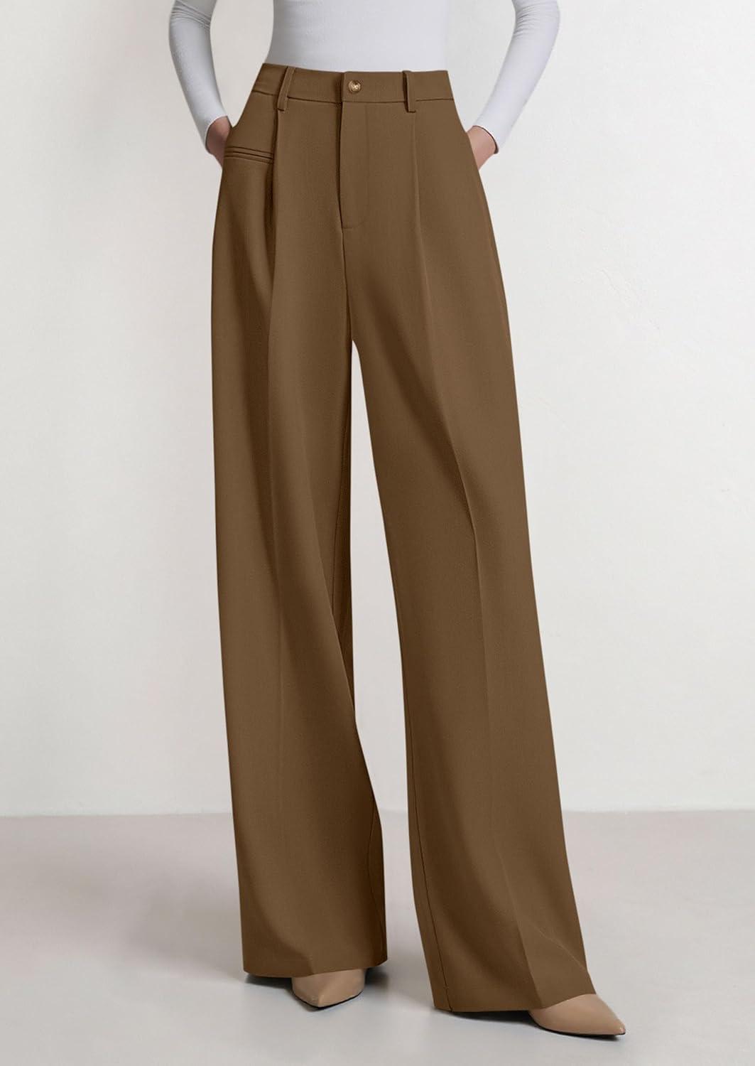 imagePRETTYGARDEN Womens Wide Leg Dress Pants 2025 Business Casual Flowy Work Palazzo Pants High Waisted Slacks TrousersBrown