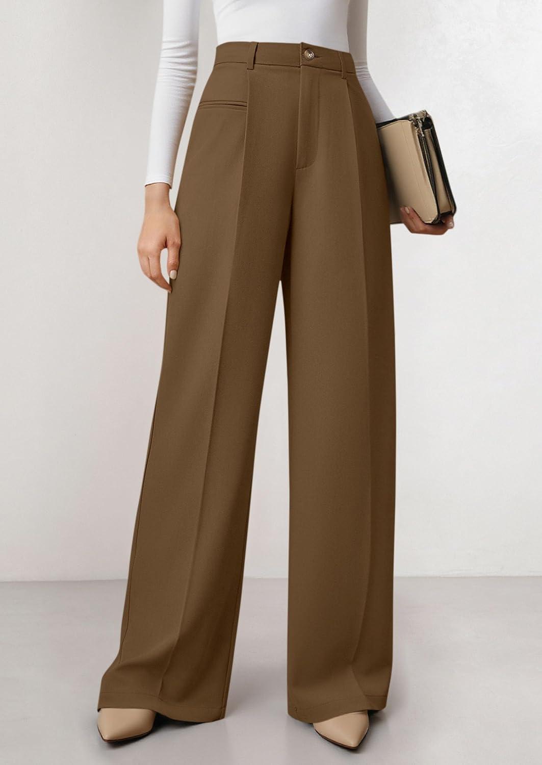 imagePRETTYGARDEN Womens Wide Leg Dress Pants 2025 Business Casual Flowy Work Palazzo Pants High Waisted Slacks TrousersBrown