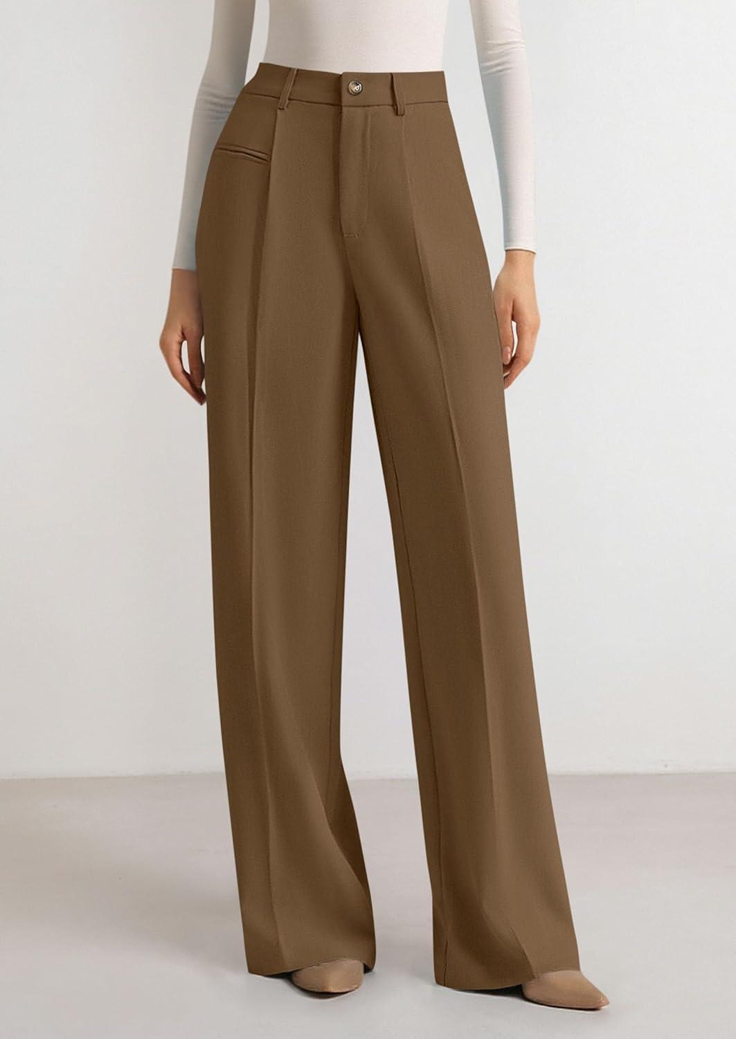 imagePRETTYGARDEN Womens Wide Leg Dress Pants 2025 Business Casual Flowy Work Palazzo Pants High Waisted Slacks TrousersBrown