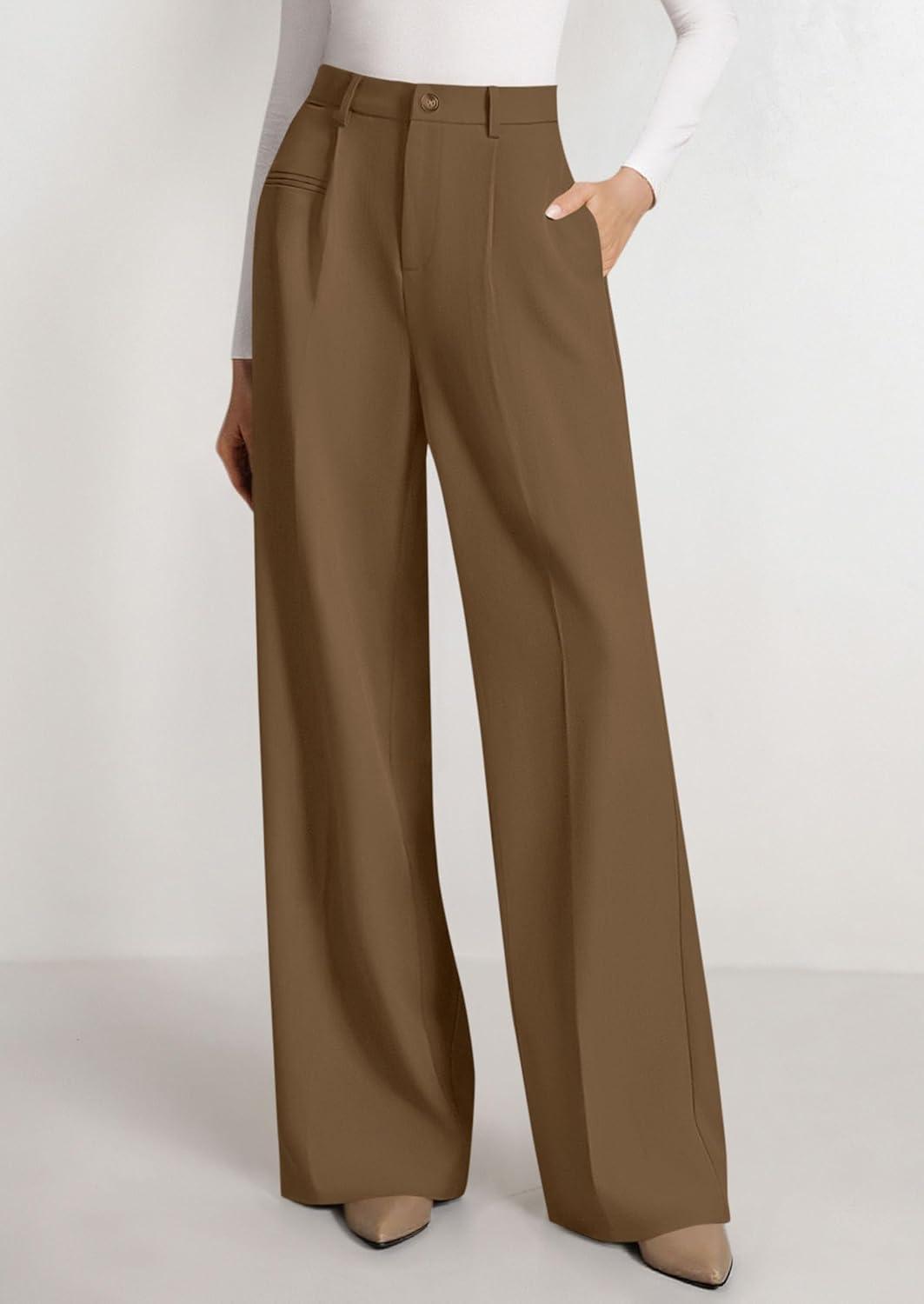 imagePRETTYGARDEN Womens Wide Leg Dress Pants 2025 Business Casual Flowy Work Palazzo Pants High Waisted Slacks TrousersBrown