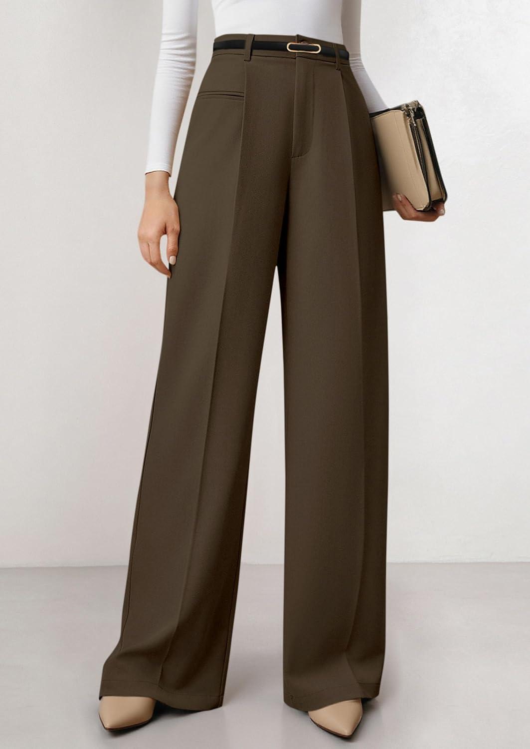 imagePRETTYGARDEN Womens Wide Leg Dress Pants 2025 Business Casual Flowy Work Palazzo Pants High Waisted Slacks TrousersCoffee
