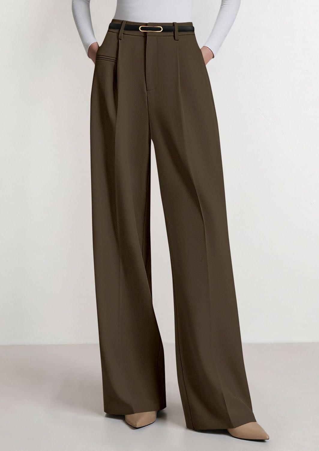 imagePRETTYGARDEN Womens Wide Leg Dress Pants 2025 Business Casual Flowy Work Palazzo Pants High Waisted Slacks TrousersCoffee