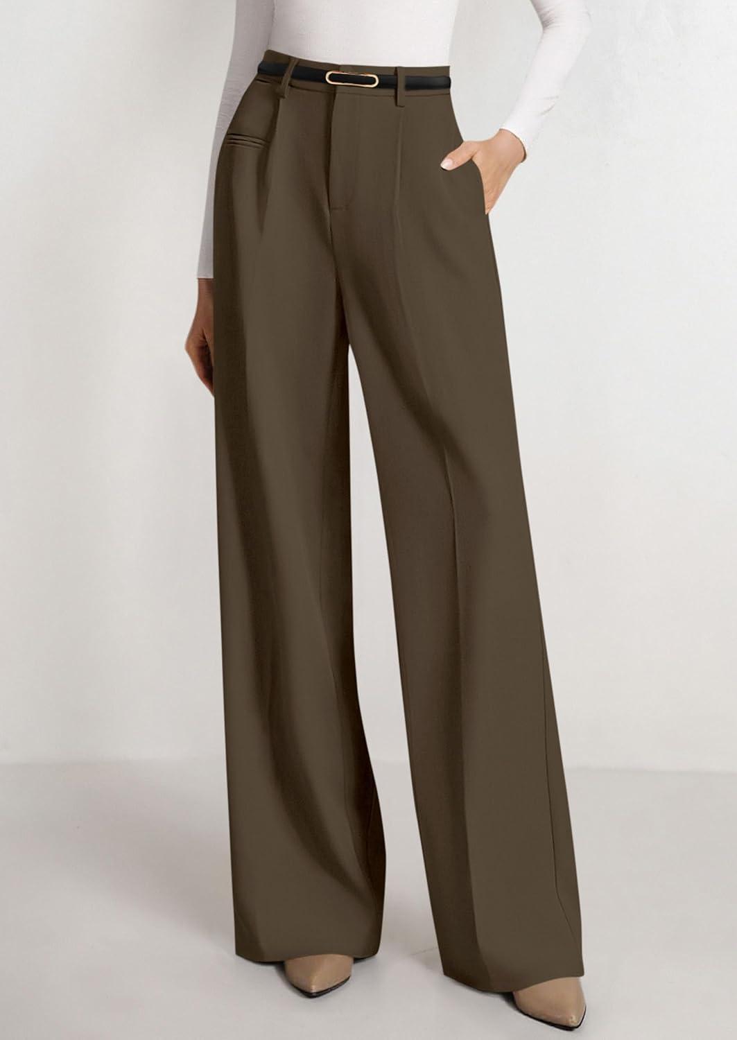 imagePRETTYGARDEN Womens Wide Leg Dress Pants 2025 Business Casual Flowy Work Palazzo Pants High Waisted Slacks TrousersCoffee