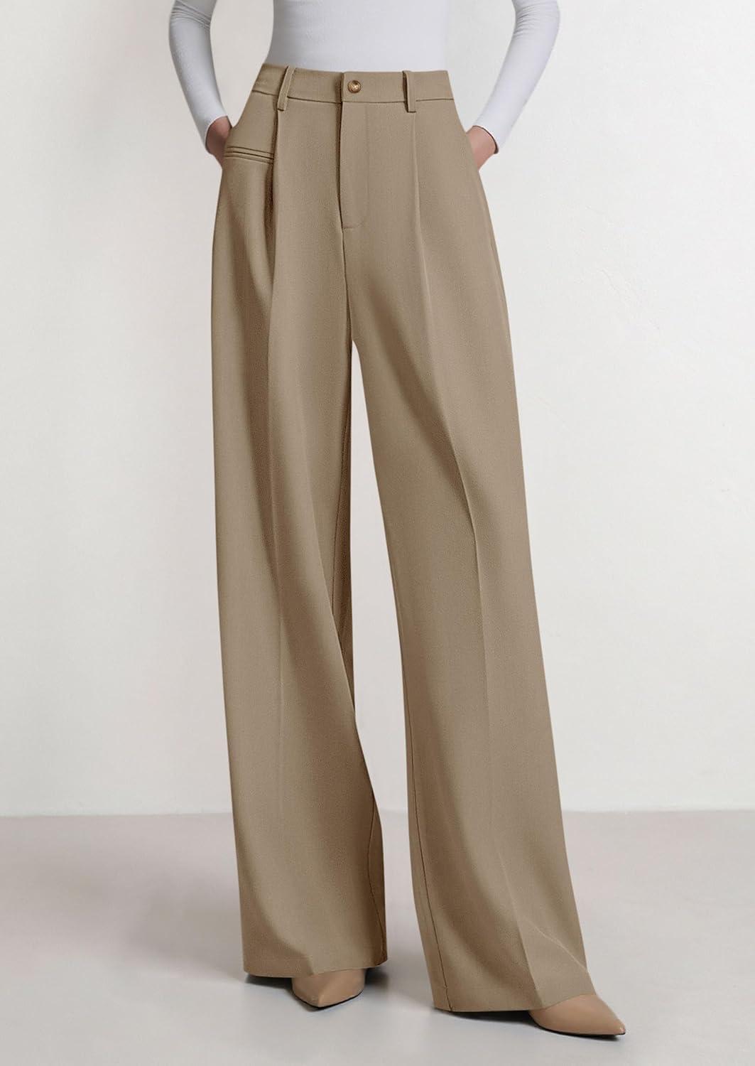 imagePRETTYGARDEN Womens Wide Leg Dress Pants 2025 Business Casual Flowy Work Palazzo Pants High Waisted Slacks TrousersLight Khaki