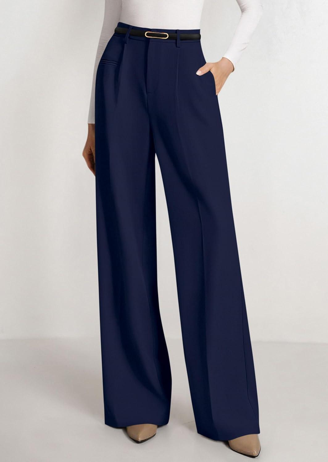 imagePRETTYGARDEN Womens Wide Leg Dress Pants 2025 Business Casual Flowy Work Palazzo Pants High Waisted Slacks TrousersNavy