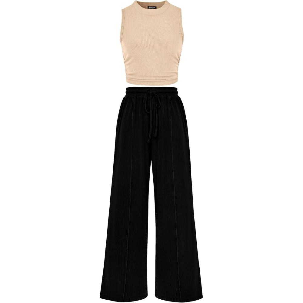 imagePRETTYGARDEN 2 Piece Sets for Women Summer Casual 2026 Spring Sleeveless Tank Ribbed Travel Vacation Lounge Wear OutfitsApricot Black
