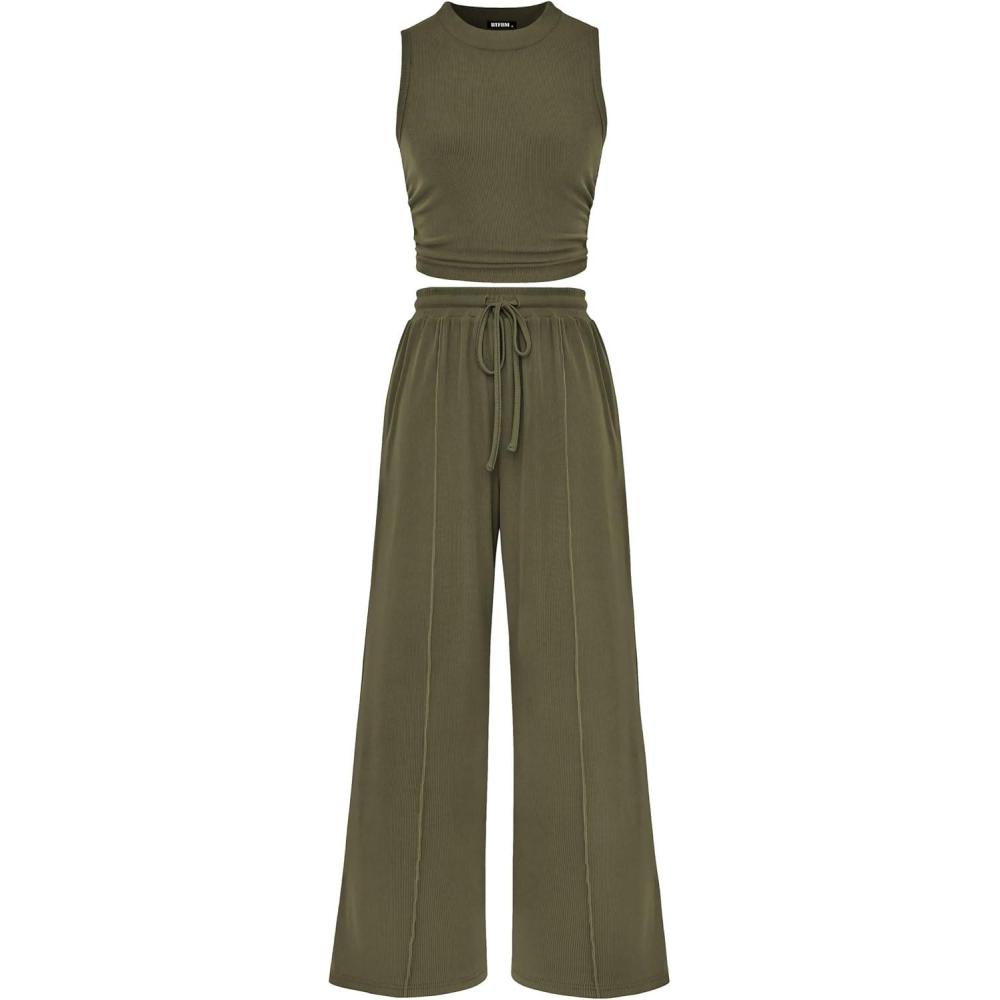 imagePRETTYGARDEN 2 Piece Sets for Women Summer Casual 2026 Spring Sleeveless Tank Ribbed Travel Vacation Lounge Wear OutfitsArmy Green