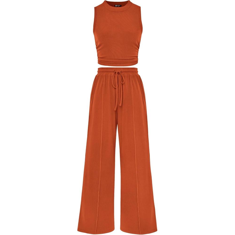 imagePRETTYGARDEN 2 Piece Sets for Women Summer Casual 2026 Spring Sleeveless Tank Ribbed Travel Vacation Lounge Wear OutfitsBrick Red