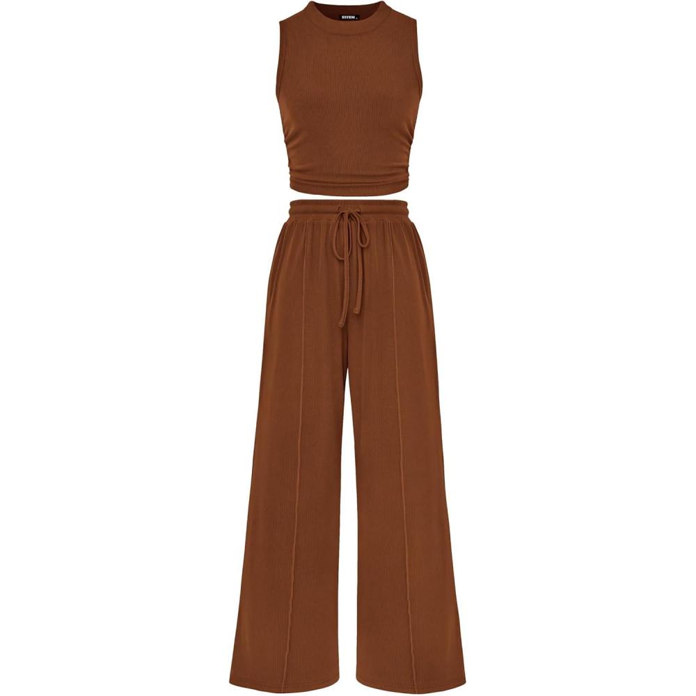 imagePRETTYGARDEN 2 Piece Sets for Women Summer Casual 2026 Spring Sleeveless Tank Ribbed Travel Vacation Lounge Wear OutfitsBrown