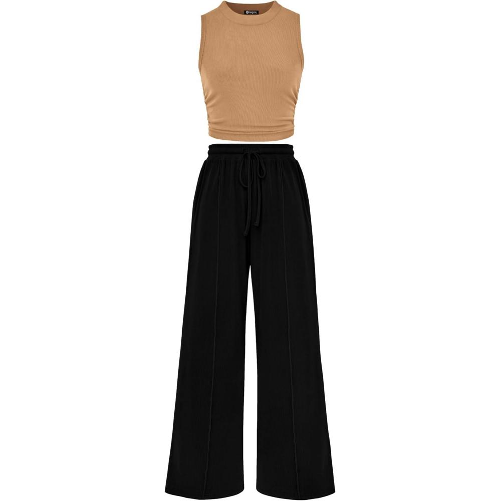 imagePRETTYGARDEN 2 Piece Sets for Women Summer Casual 2026 Spring Sleeveless Tank Ribbed Travel Vacation Lounge Wear OutfitsCamel Black