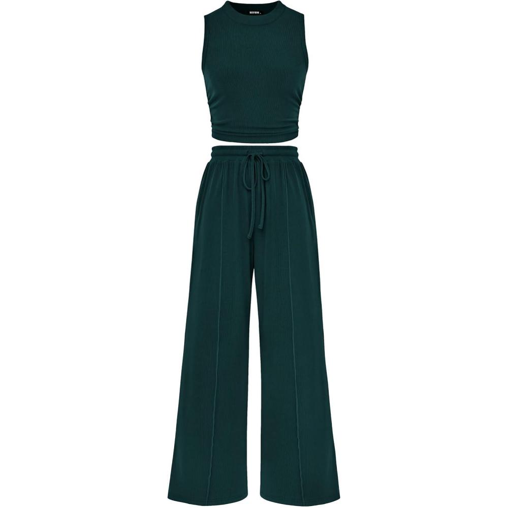 imagePRETTYGARDEN 2 Piece Sets for Women Summer Casual 2026 Spring Sleeveless Tank Ribbed Travel Vacation Lounge Wear OutfitsDark Green