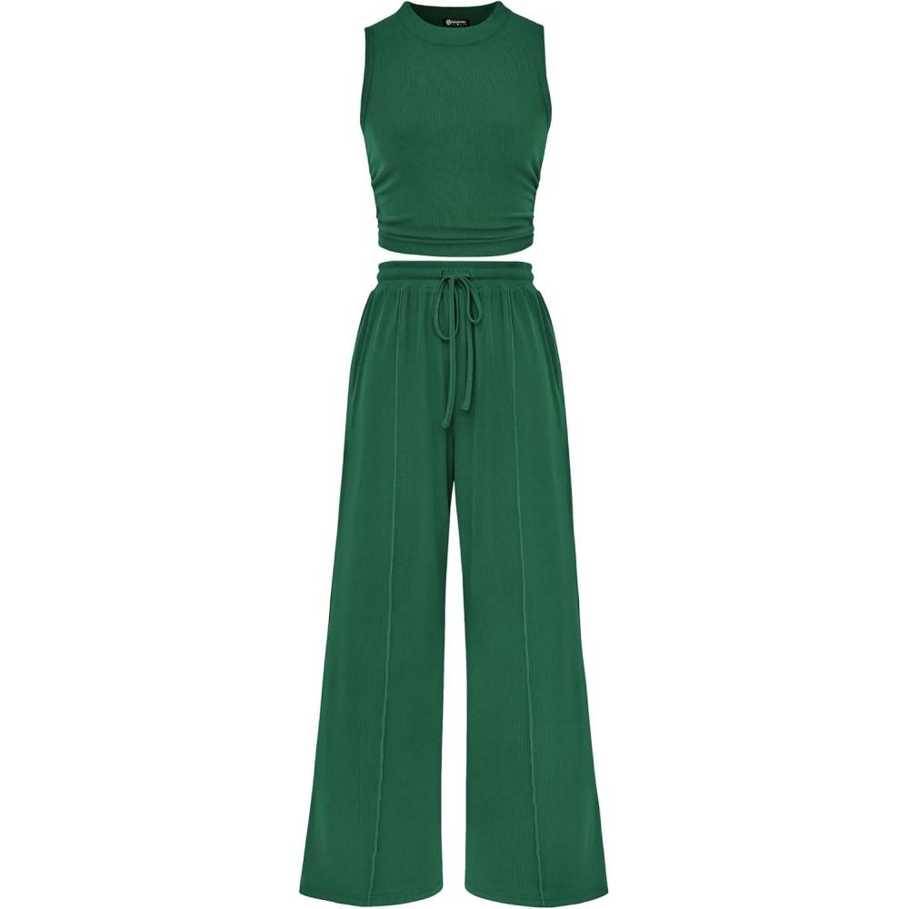 imagePRETTYGARDEN 2 Piece Sets for Women Summer Casual 2026 Spring Sleeveless Tank Ribbed Travel Vacation Lounge Wear OutfitsGreen