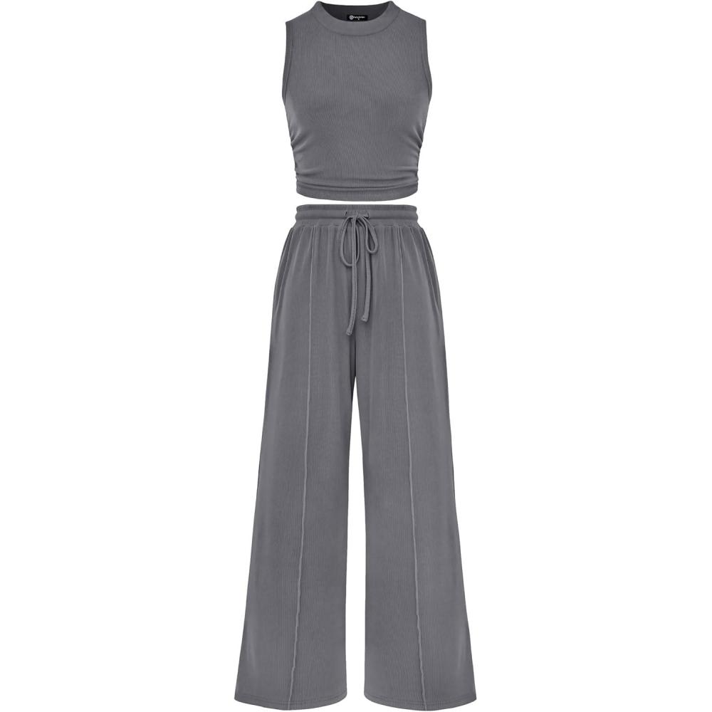 imagePRETTYGARDEN 2 Piece Sets for Women Summer Casual 2026 Spring Sleeveless Tank Ribbed Travel Vacation Lounge Wear OutfitsGrey