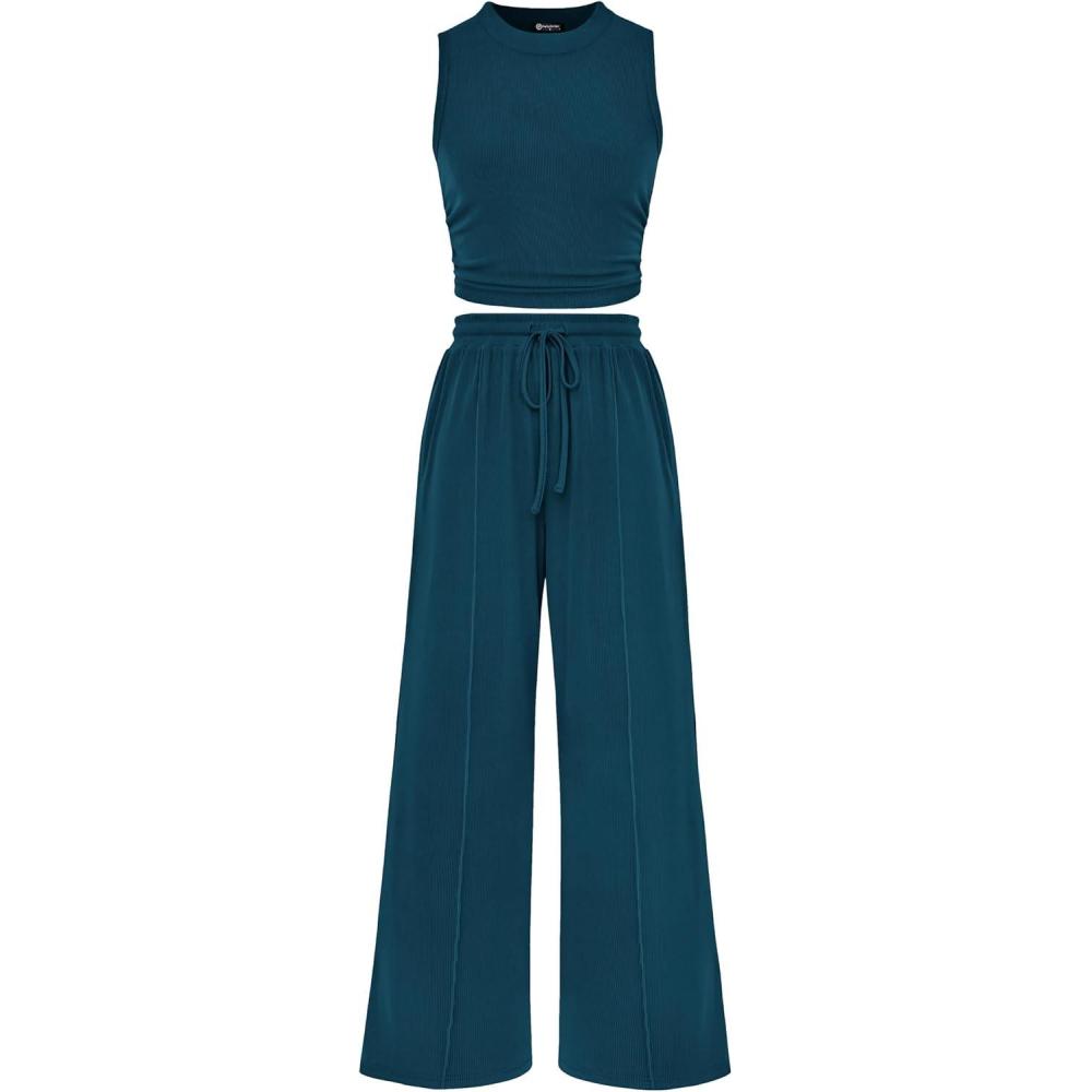 imagePRETTYGARDEN 2 Piece Sets for Women Summer Casual 2026 Spring Sleeveless Tank Ribbed Travel Vacation Lounge Wear OutfitsLake Blue