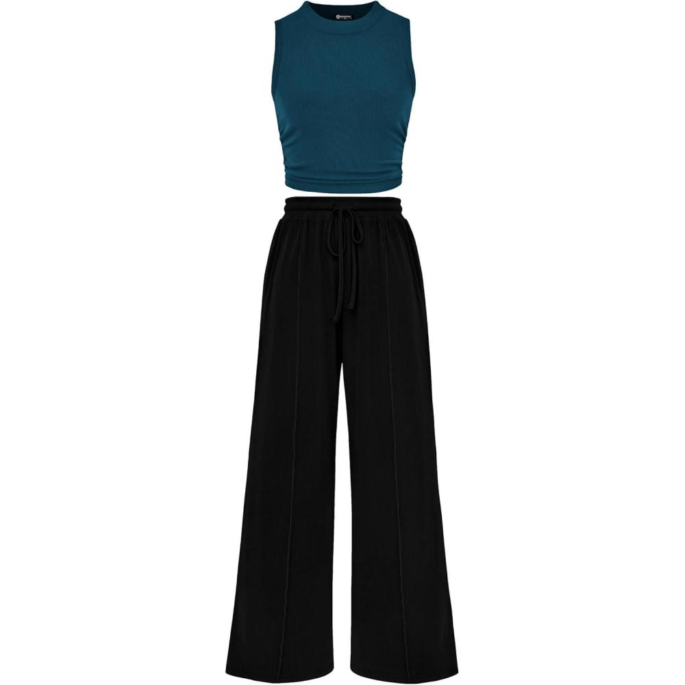 imagePRETTYGARDEN 2 Piece Sets for Women Summer Casual 2026 Spring Sleeveless Tank Ribbed Travel Vacation Lounge Wear OutfitsLake Blue Black