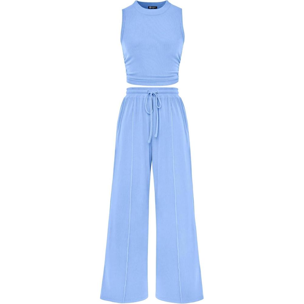 imagePRETTYGARDEN 2 Piece Sets for Women Summer Casual 2026 Spring Sleeveless Tank Ribbed Travel Vacation Lounge Wear OutfitsLight Blue