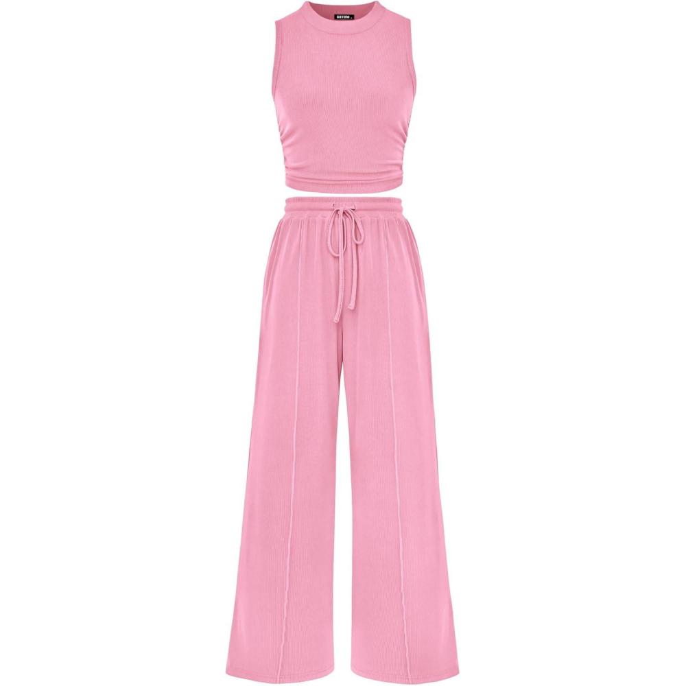 imagePRETTYGARDEN 2 Piece Sets for Women Summer Casual 2026 Spring Sleeveless Tank Ribbed Travel Vacation Lounge Wear OutfitsLight Pink