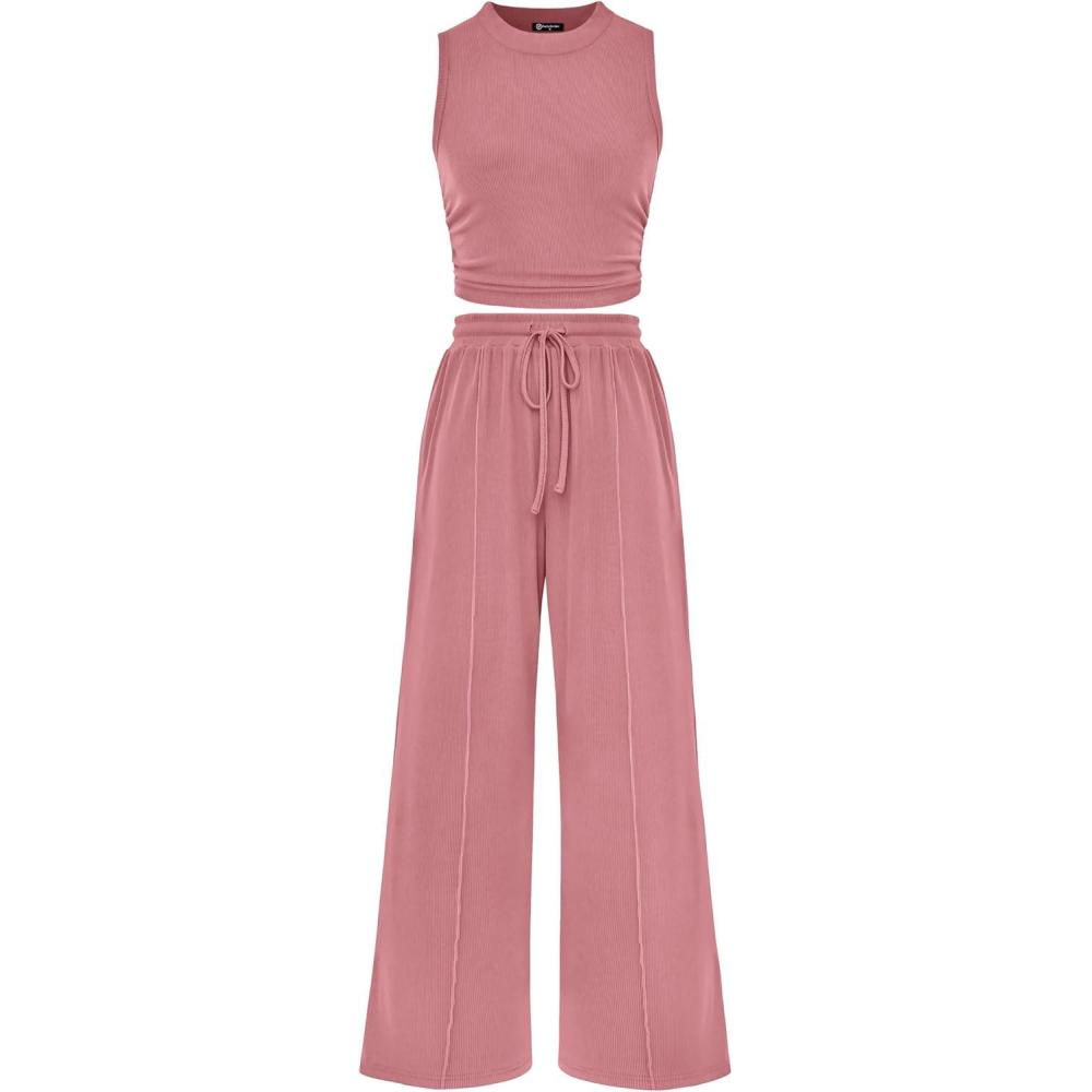 imagePRETTYGARDEN 2 Piece Sets for Women Summer Casual 2026 Spring Sleeveless Tank Ribbed Travel Vacation Lounge Wear OutfitsPink