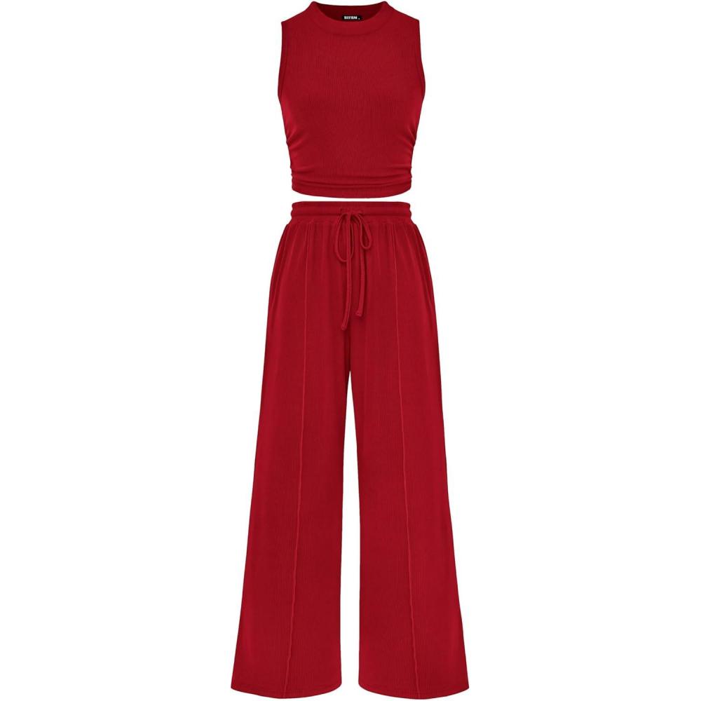 imagePRETTYGARDEN 2 Piece Sets for Women Summer Casual 2026 Spring Sleeveless Tank Ribbed Travel Vacation Lounge Wear OutfitsRed