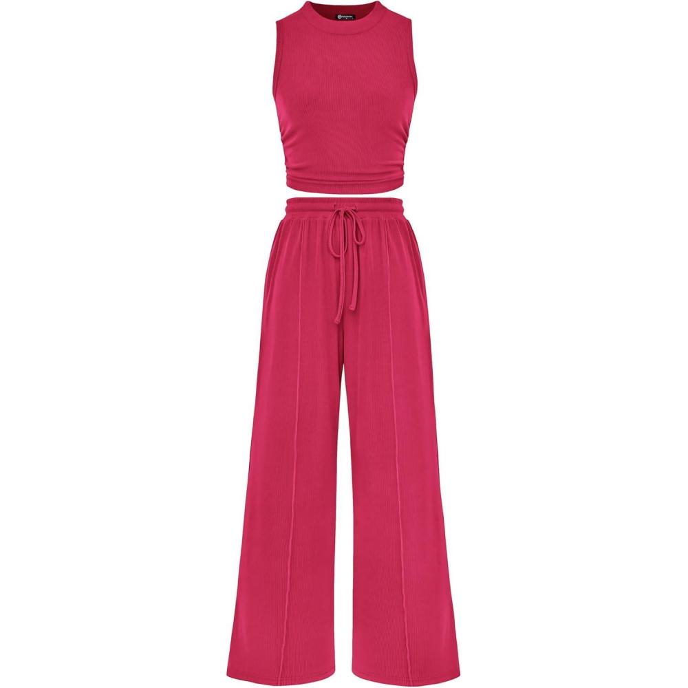 imagePRETTYGARDEN 2 Piece Sets for Women Summer Casual 2026 Spring Sleeveless Tank Ribbed Travel Vacation Lounge Wear OutfitsRose Red