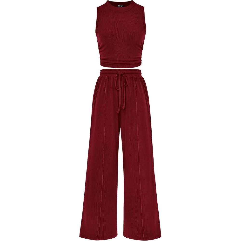 imagePRETTYGARDEN 2 Piece Sets for Women Summer Casual 2026 Spring Sleeveless Tank Ribbed Travel Vacation Lounge Wear OutfitsWine Red