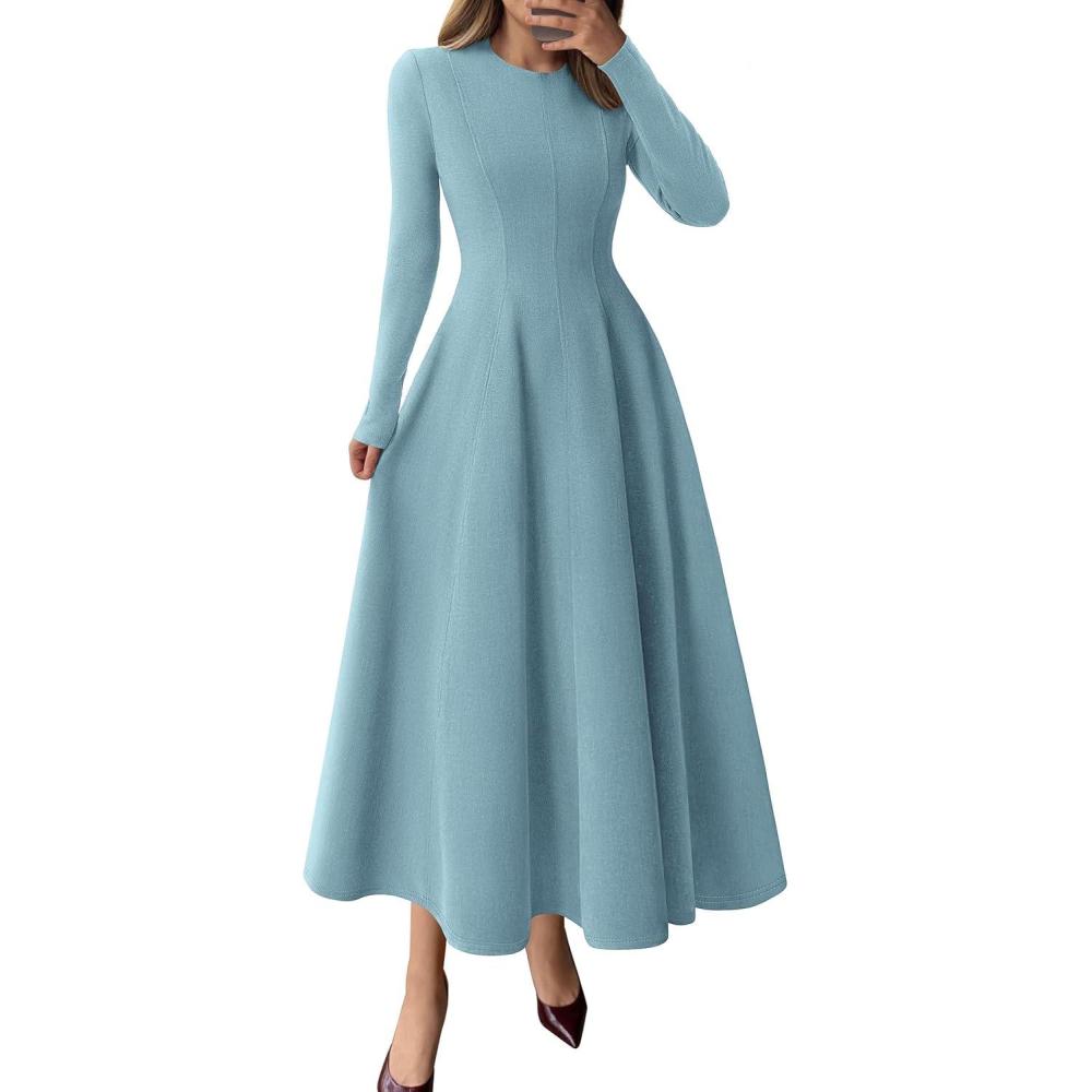 imagePRETTYGARDEN Cocktail Dresses for Women 2026 Elegant Classy Fall Long Sleeve Midi A Line Flowy Modest Winter Party DressGrey Green