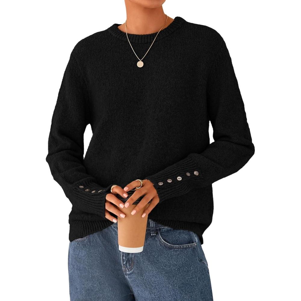 imagePRETTYGARDEN Fall Sweaters for Women 2026 Cozy Casual Crewneck Pullover Button Long Sleeve Knit Tops Winter Fashion ClothingBlack