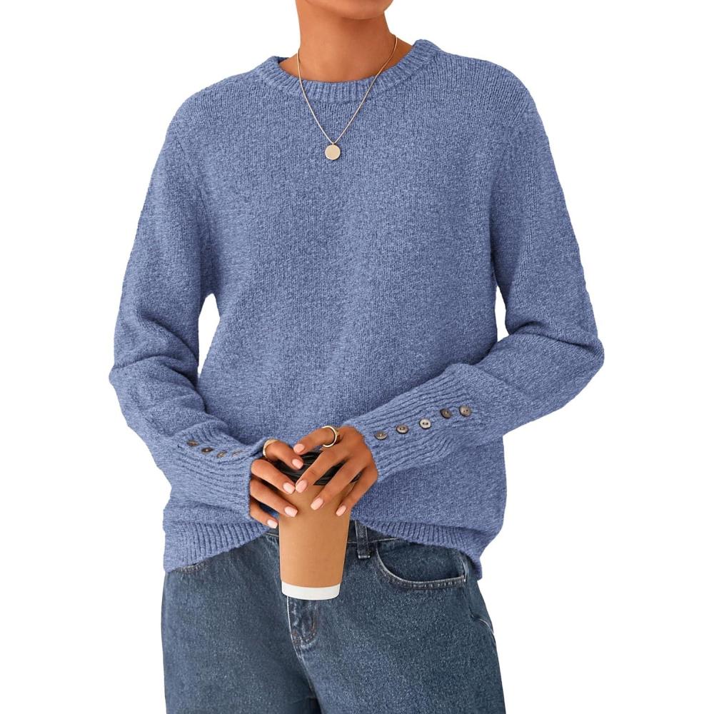 imagePRETTYGARDEN Fall Sweaters for Women 2026 Cozy Casual Crewneck Pullover Button Long Sleeve Knit Tops Winter Fashion ClothingBlue