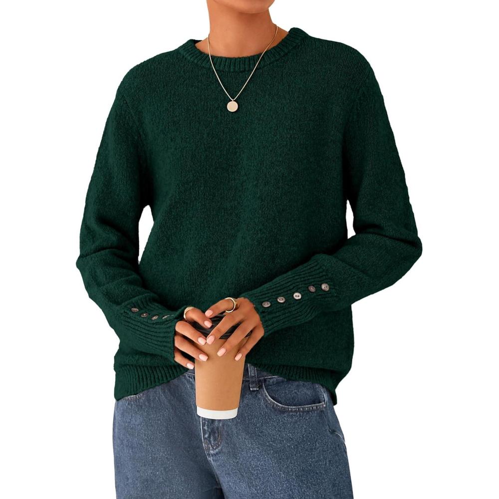 imagePRETTYGARDEN Fall Sweaters for Women 2026 Cozy Casual Crewneck Pullover Button Long Sleeve Knit Tops Winter Fashion ClothingDark Green