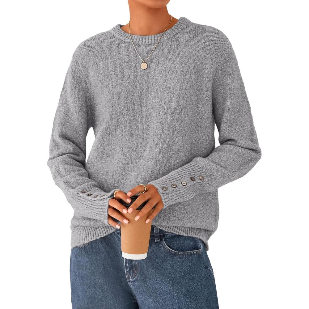 imagePRETTYGARDEN Fall Sweaters for Women 2026 Cozy Casual Crewneck Pullover Button Long Sleeve Knit Tops Winter Fashion ClothingGrey