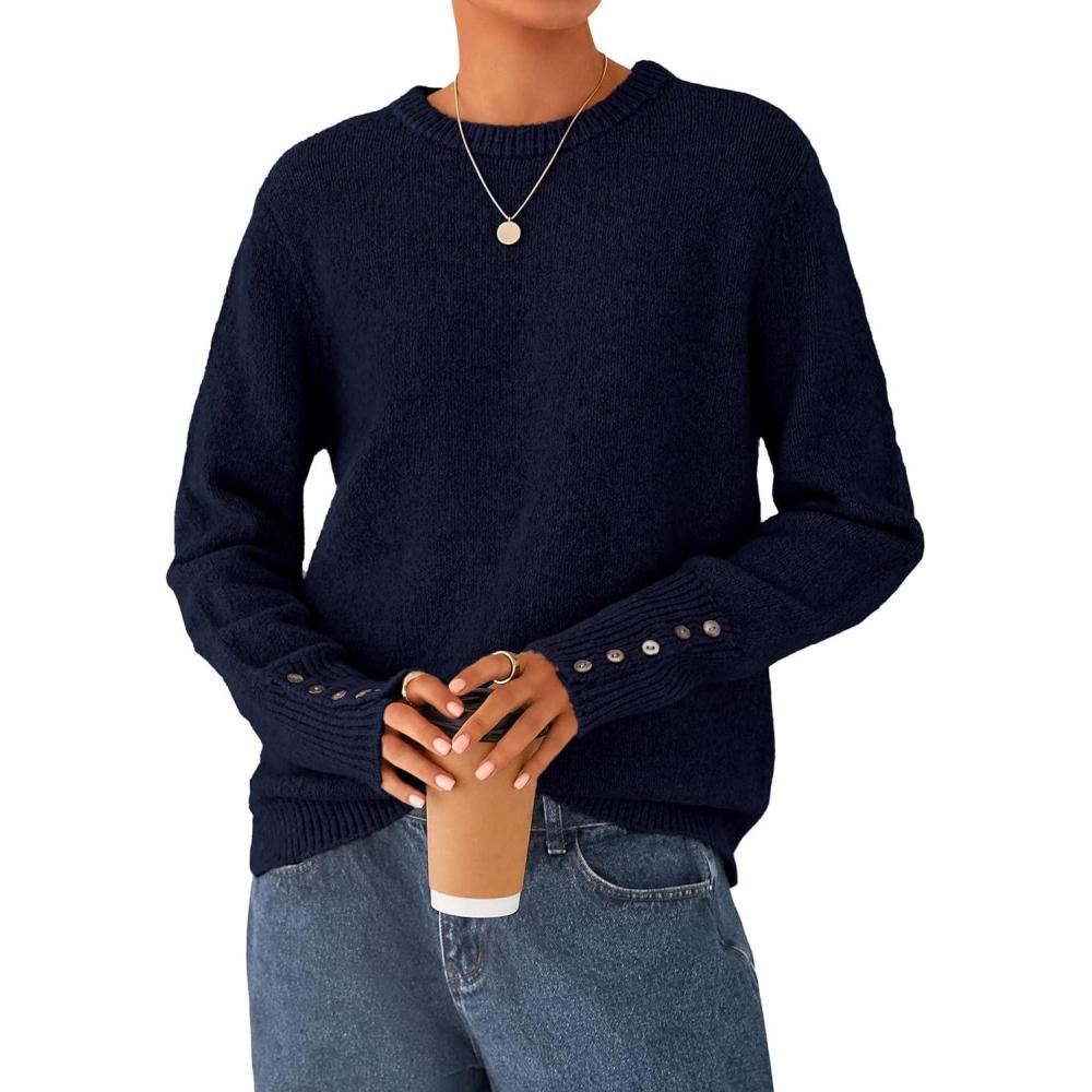 imagePRETTYGARDEN Fall Sweaters for Women 2026 Cozy Casual Crewneck Pullover Button Long Sleeve Knit Tops Winter Fashion ClothingNavy Blue