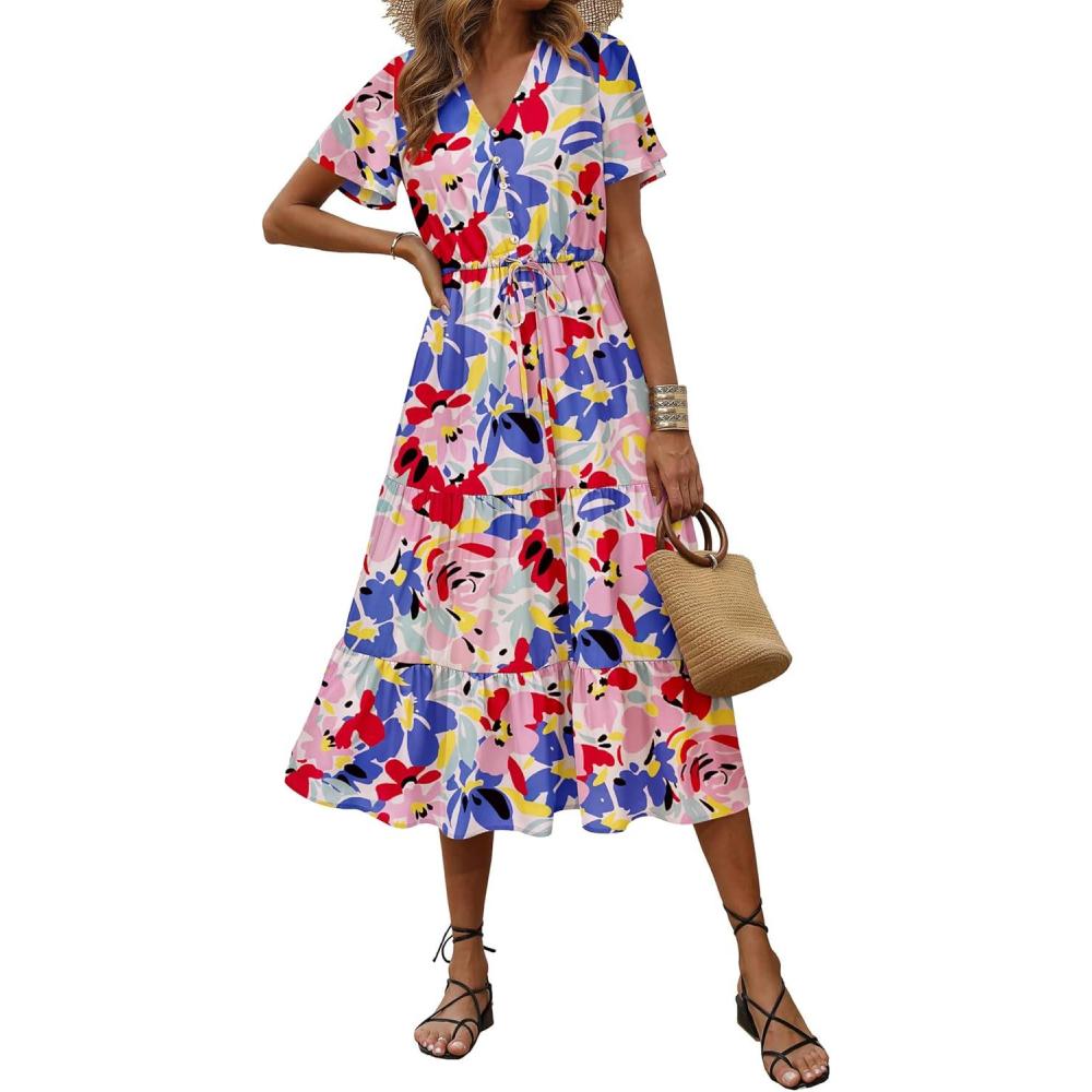 imagePRETTYGARDEN Floral Dress for Women 2026 Summer Casual Short Sleeve Maxi Dresses V Neck Tiered Flowy Boho Beach SundressPrint Multicolored