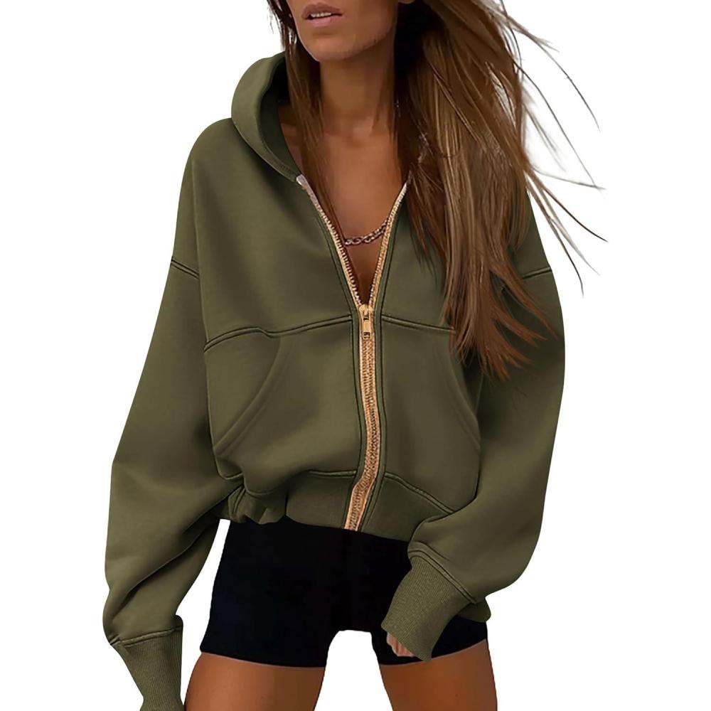 imagePRETTYGARDEN Hoodies for Women Sweatshirt Zip Up Hoodie Fall Fashion 2026 Trendy Long Sleeve Jackets Winter Clothing OutfitsArmy Green