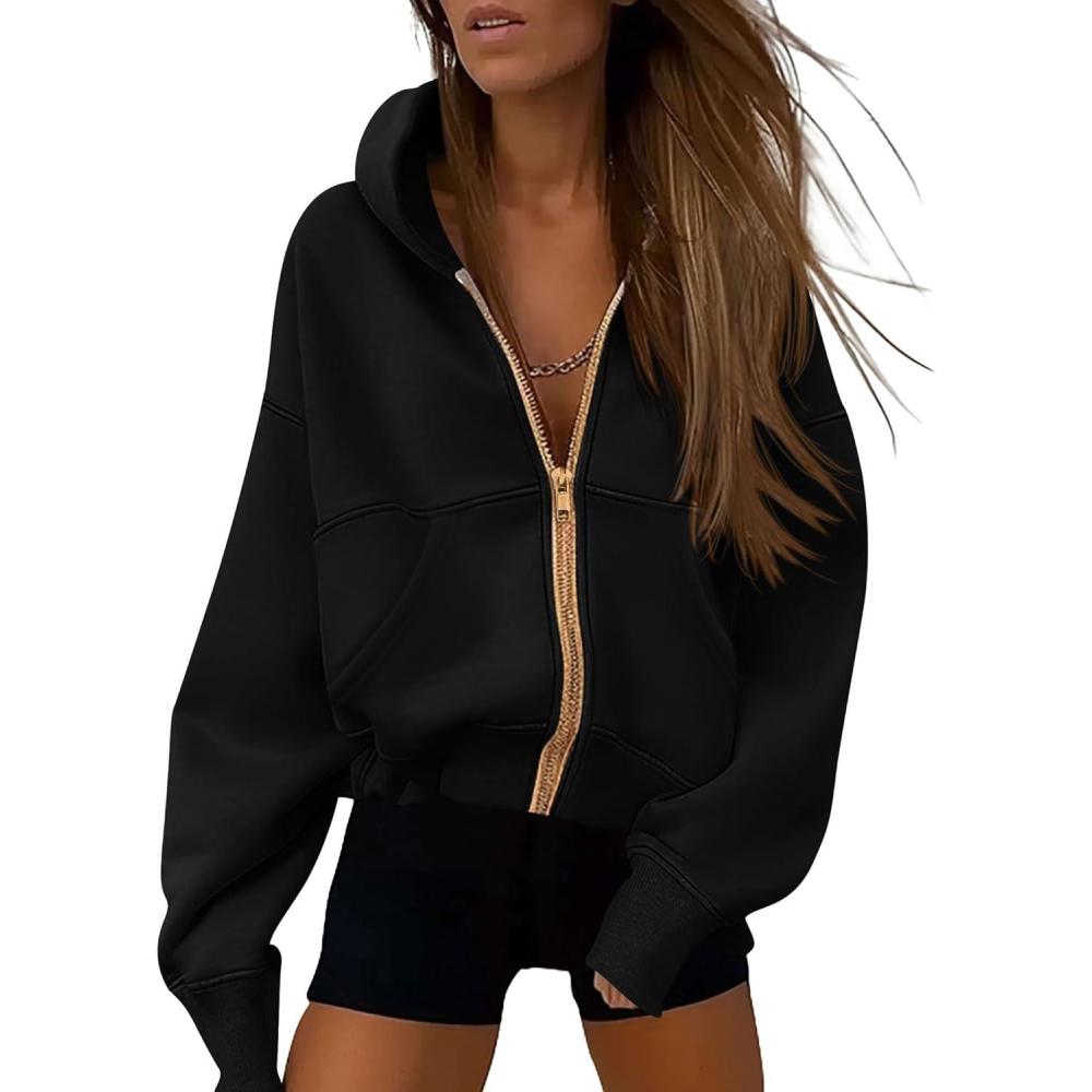 imagePRETTYGARDEN Hoodies for Women Sweatshirt Zip Up Hoodie Fall Fashion 2026 Trendy Long Sleeve Jackets Winter Clothing OutfitsBlack