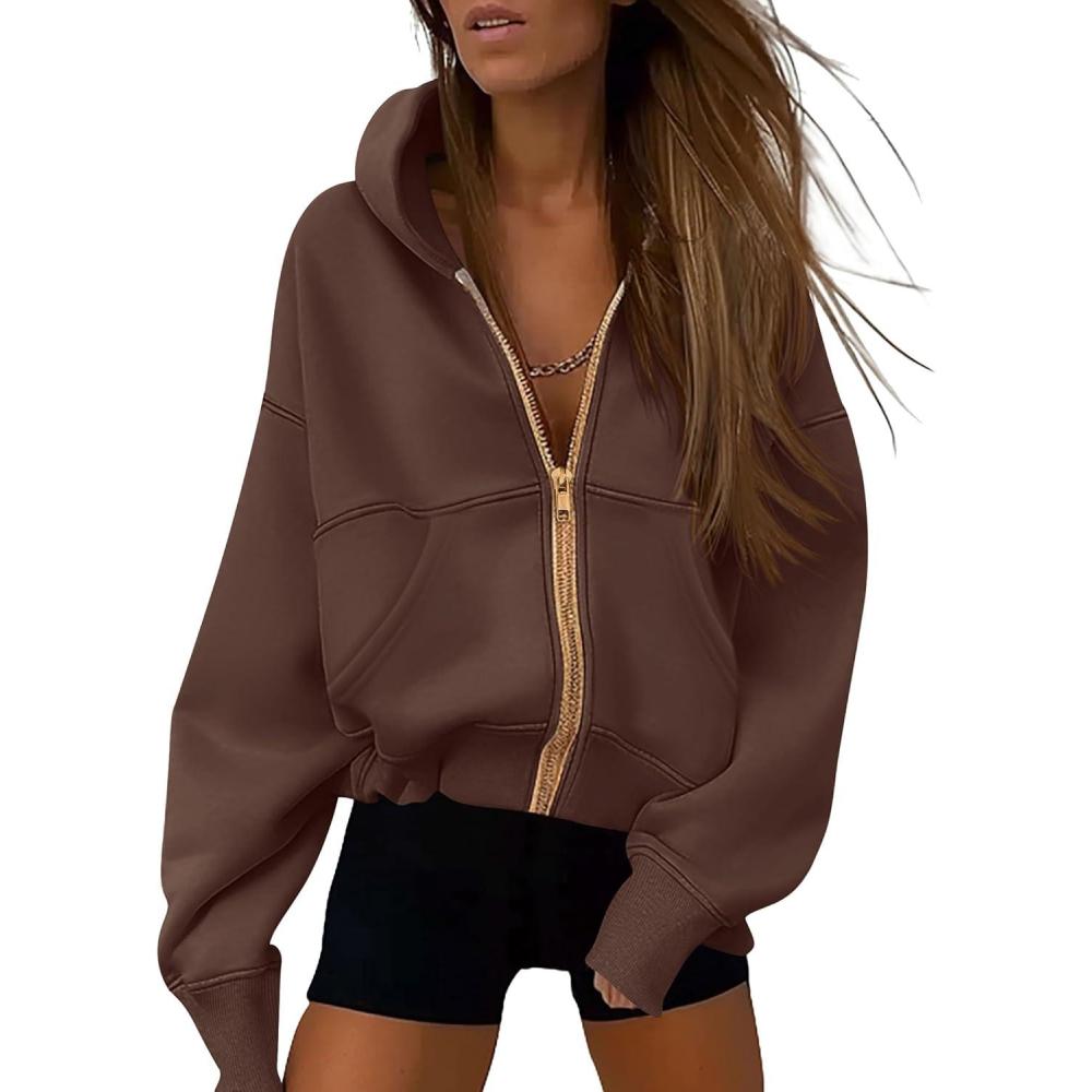 imagePRETTYGARDEN Hoodies for Women Sweatshirt Zip Up Hoodie Fall Fashion 2026 Trendy Long Sleeve Jackets Winter Clothing OutfitsBrown Coffee