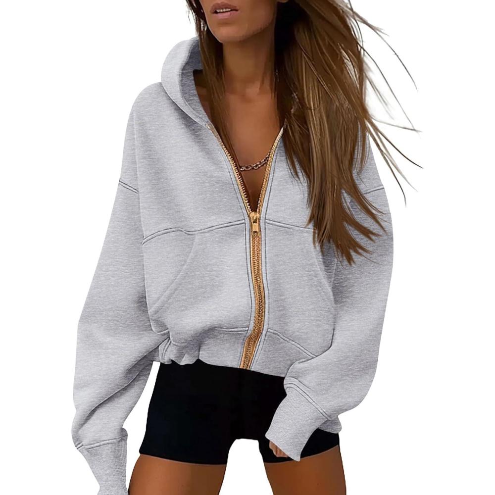 imagePRETTYGARDEN Hoodies for Women Sweatshirt Zip Up Hoodie Fall Fashion 2026 Trendy Long Sleeve Jackets Winter Clothing OutfitsGrey
