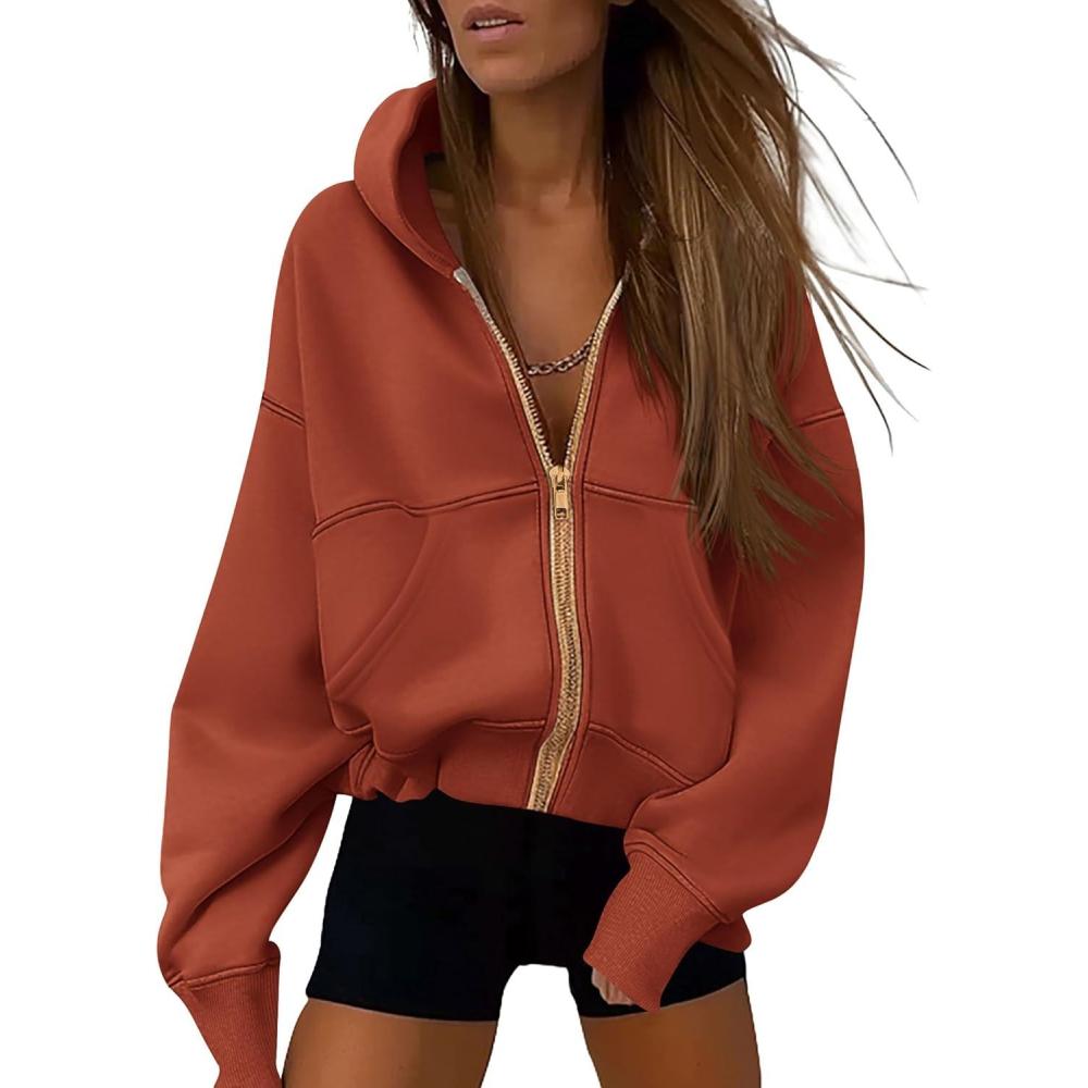 imagePRETTYGARDEN Hoodies for Women Sweatshirt Zip Up Hoodie Fall Fashion 2026 Trendy Long Sleeve Jackets Winter Clothing OutfitsOrange