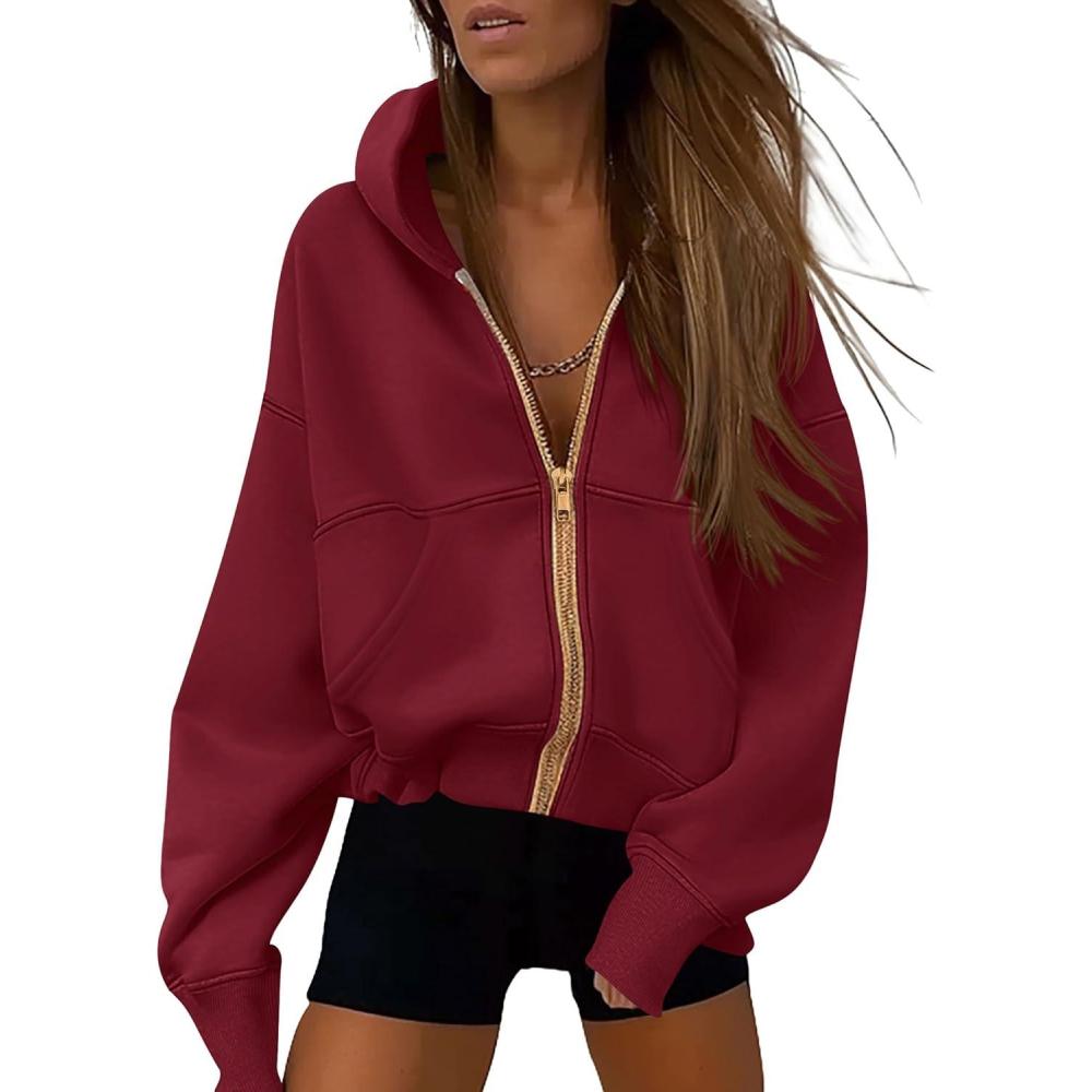 imagePRETTYGARDEN Hoodies for Women Sweatshirt Zip Up Hoodie Fall Fashion 2026 Trendy Long Sleeve Jackets Winter Clothing OutfitsWine Red