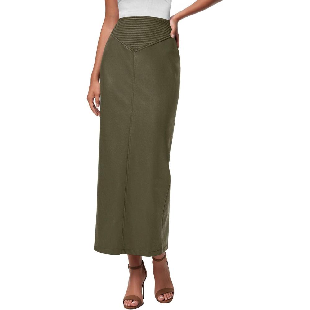 imagePRETTYGARDEN Long Skirts for Women 2026 Fall Fashion Clothing Faux Leather High Waist Dressy Casual Slit Pencil Maxi SkirtArmy Green