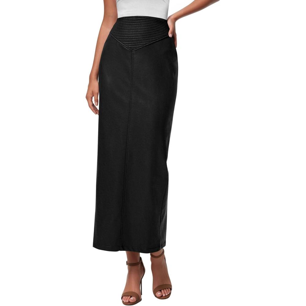 imagePRETTYGARDEN Long Skirts for Women 2026 Fall Fashion Clothing Faux Leather High Waist Dressy Casual Slit Pencil Maxi SkirtBlack