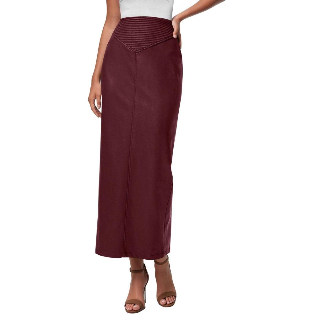imagePRETTYGARDEN Long Skirts for Women 2026 Fall Fashion Clothing Faux Leather High Waist Dressy Casual Slit Pencil Maxi SkirtBurgundy