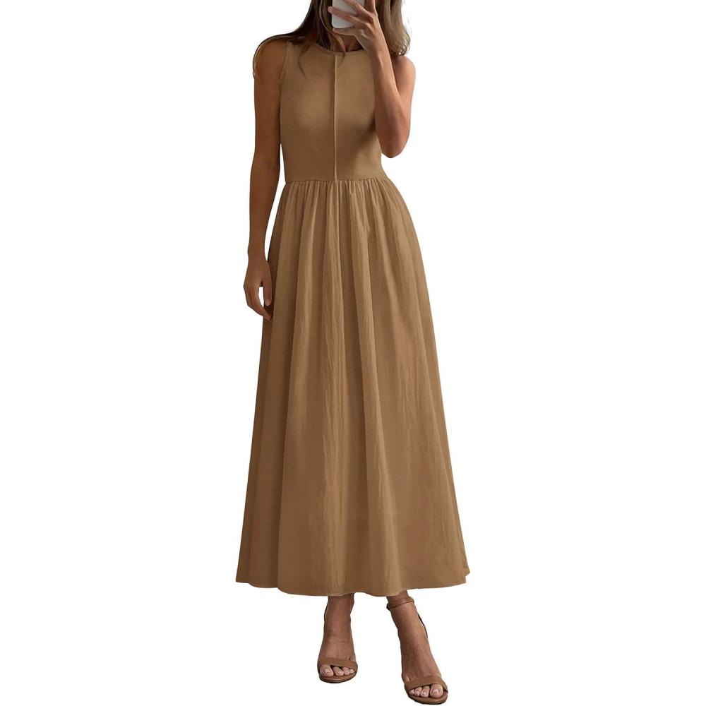 imagePRETTYGARDEN Maxi Dresses for Women 2025 Summer Casual Sleeveless Patchwork Flowy Vacation Sundress Knit Long Work Tank DressKhaki