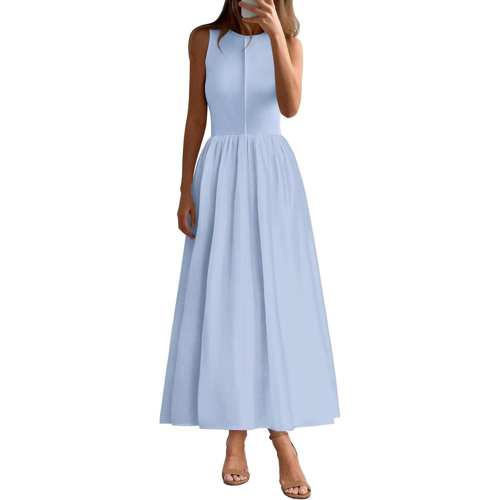 imagePRETTYGARDEN Maxi Dresses for Women 2025 Summer Casual Sleeveless Patchwork Flowy Vacation Sundress Knit Long Work Tank DressLight Blue