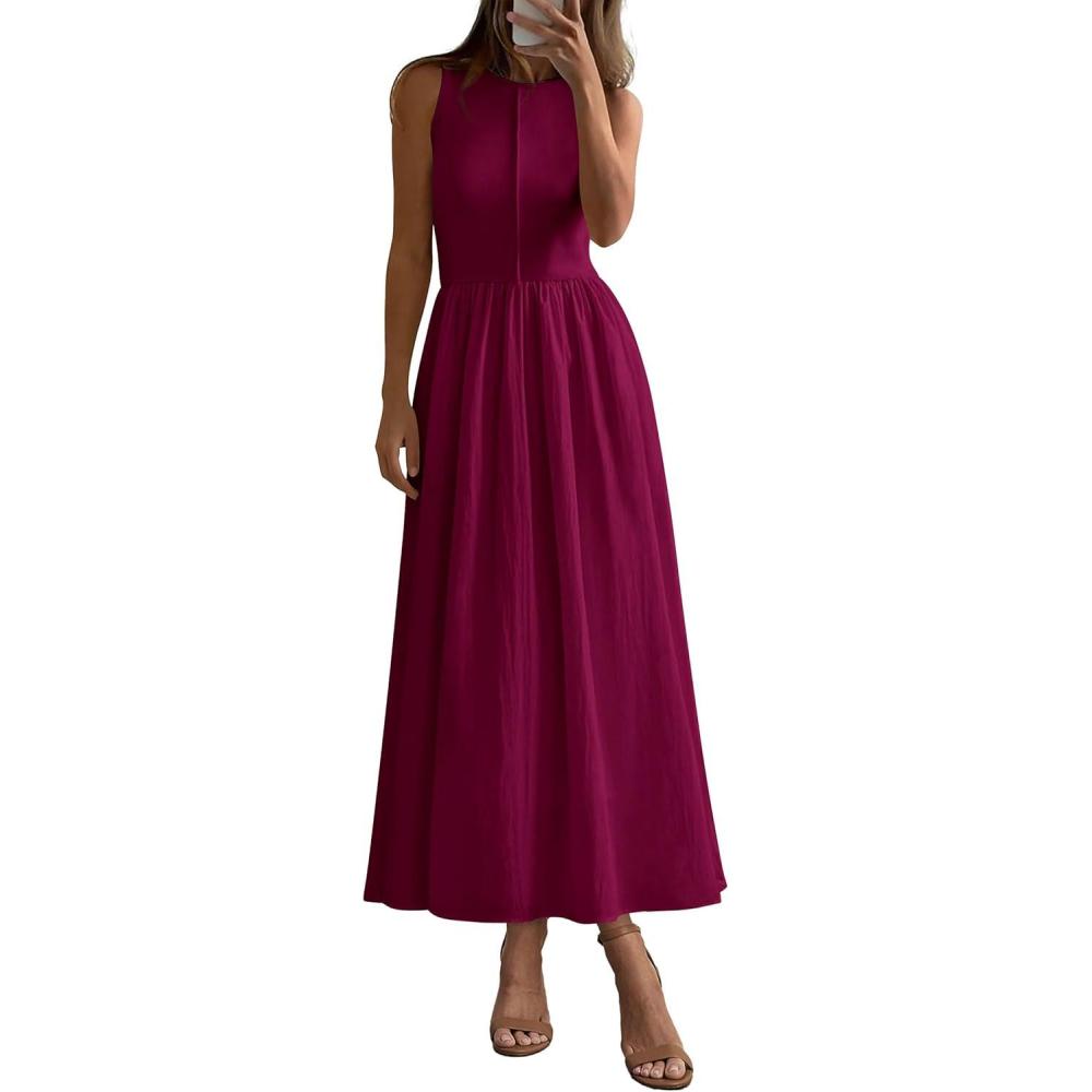 imagePRETTYGARDEN Maxi Dresses for Women 2025 Summer Casual Sleeveless Patchwork Flowy Vacation Sundress Knit Long Work Tank DressWine Red