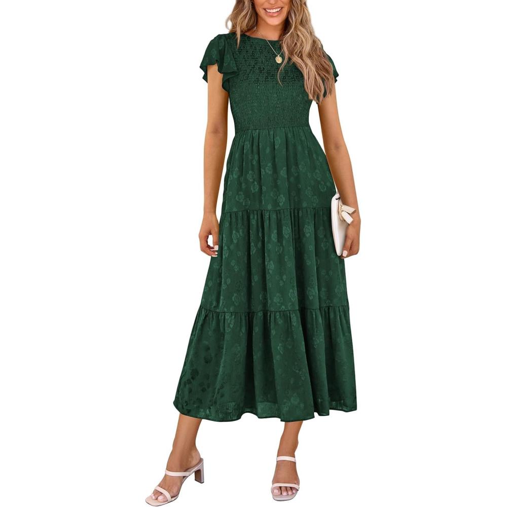 imagePRETTYGARDEN Midi Dresses for Women 2026 Summer Floral Cap Sleeve Smocked A Line Long Elegant Spring Wedding Guest DressDark Green