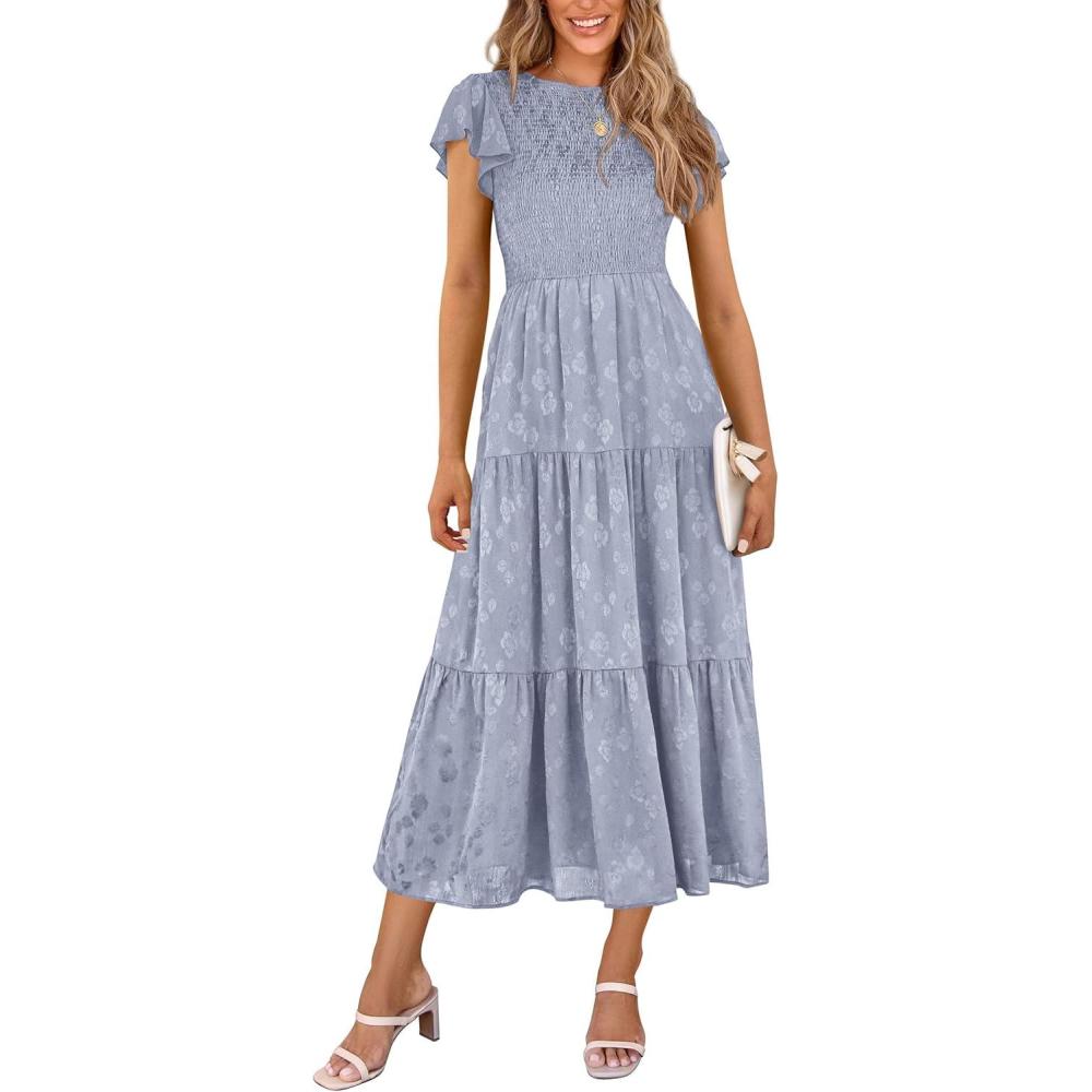 imagePRETTYGARDEN Midi Dresses for Women 2026 Summer Floral Cap Sleeve Smocked A Line Long Elegant Spring Wedding Guest DressGrey Blue