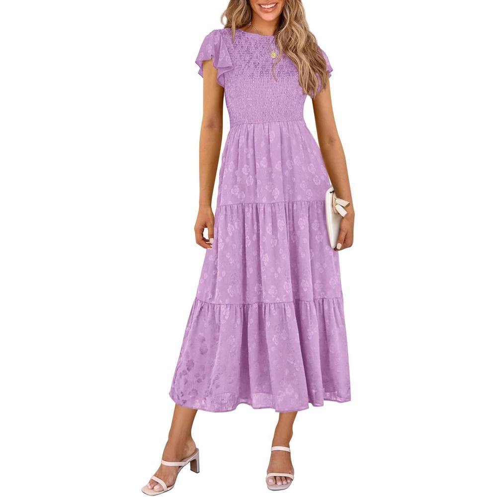 imagePRETTYGARDEN Midi Dresses for Women 2026 Summer Floral Cap Sleeve Smocked A Line Long Elegant Spring Wedding Guest DressLight Purple