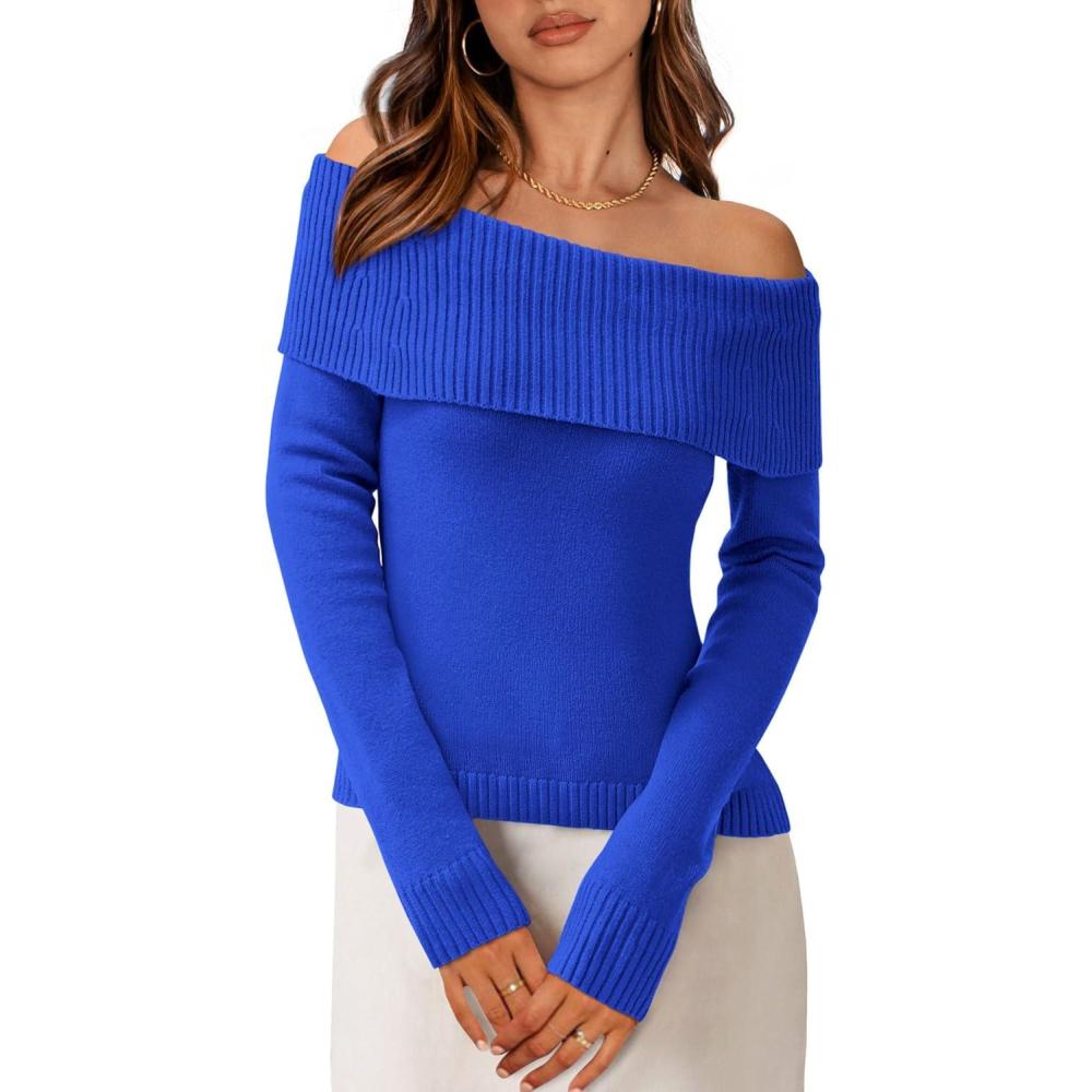 imagePRETTYGARDEN Off The Shoulder Sweater for Women 2026 Fall Fashion Cute Long Sleeve Tops Winter Ribbed Pullover Knit OutfitsBlue