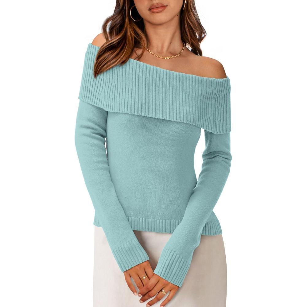 imagePRETTYGARDEN Off The Shoulder Sweater for Women 2026 Fall Fashion Cute Long Sleeve Tops Winter Ribbed Pullover Knit OutfitsLight Blue